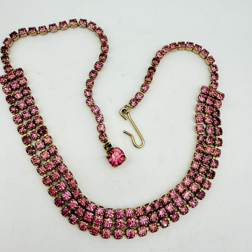 Vintage 50s Pink Rhinestone Mesh Choker Necklace 4 Row Tennis Style Read